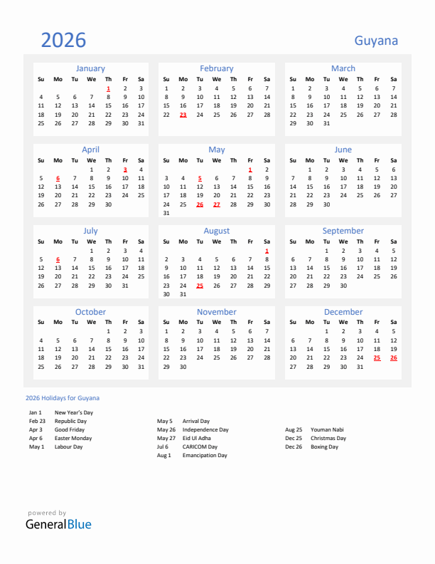 Basic Yearly Calendar with Holidays in Guyana for 2026 