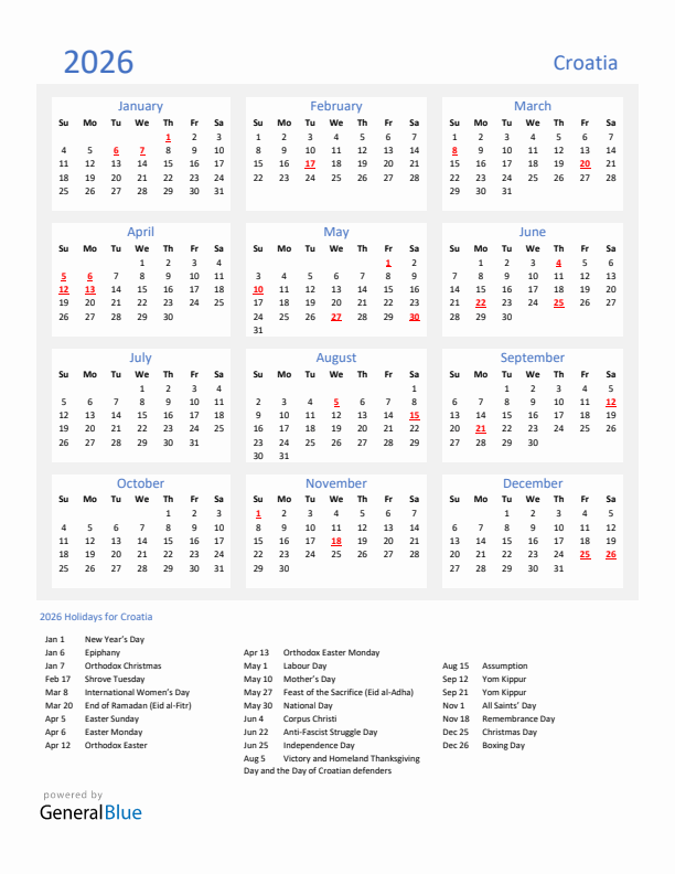 Basic Yearly Calendar with Holidays in Croatia for 2026 