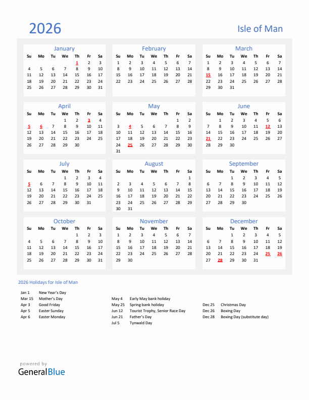 Basic Yearly Calendar with Holidays in Isle of Man for 2026 