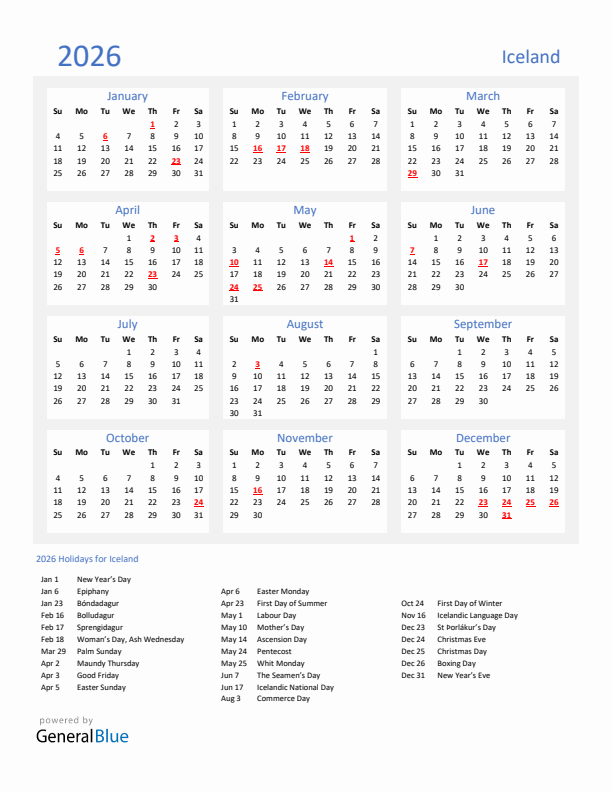 Basic Yearly Calendar with Holidays in Iceland for 2026 