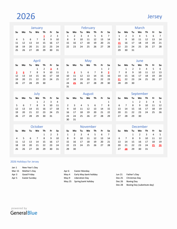 Basic Yearly Calendar with Holidays in Jersey for 2026 