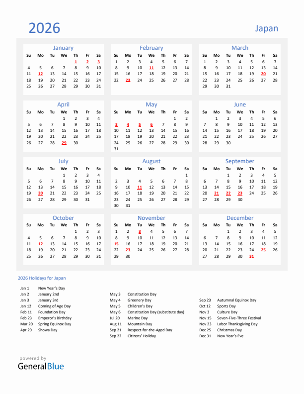 Basic Yearly Calendar with Holidays in Japan for 2026 