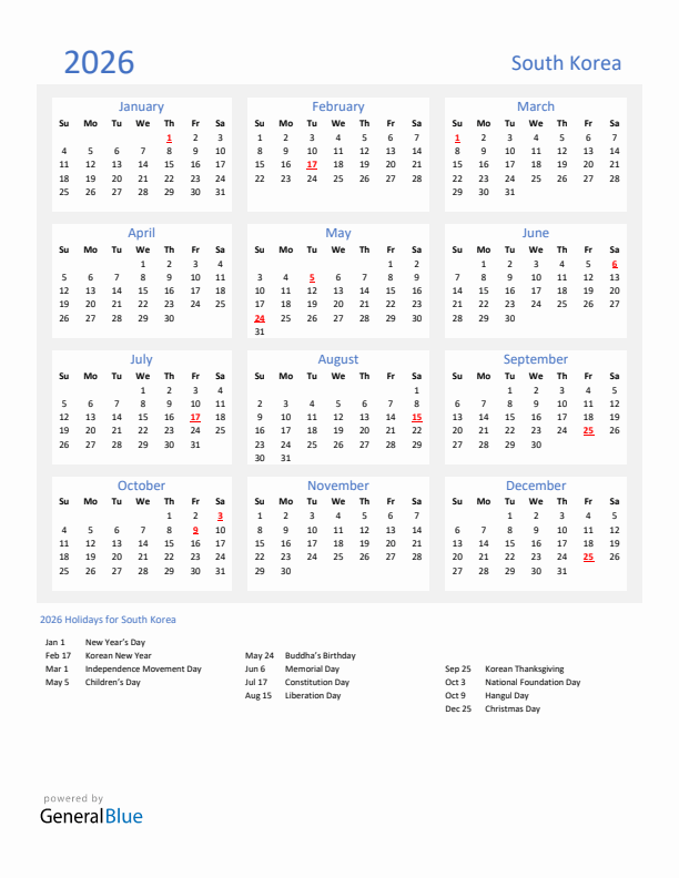 Basic Yearly Calendar with Holidays in South Korea for 2026 