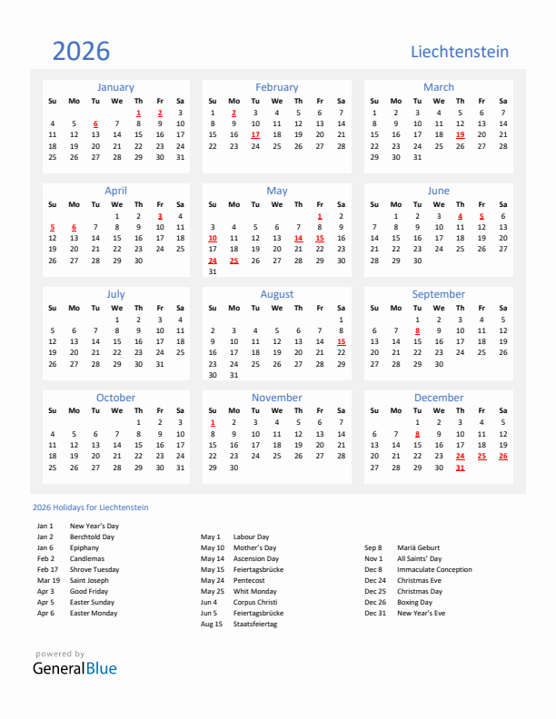 Basic Yearly Calendar with Holidays in Liechtenstein for 2026 
