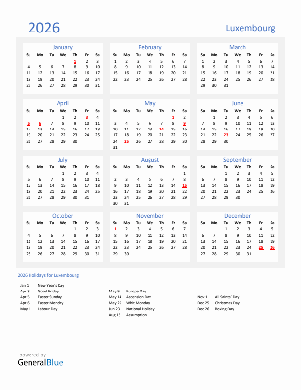 Basic Yearly Calendar with Holidays in Luxembourg for 2026 