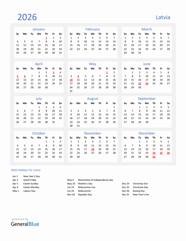 Basic Yearly Calendar with Holidays in Latvia for 2026 