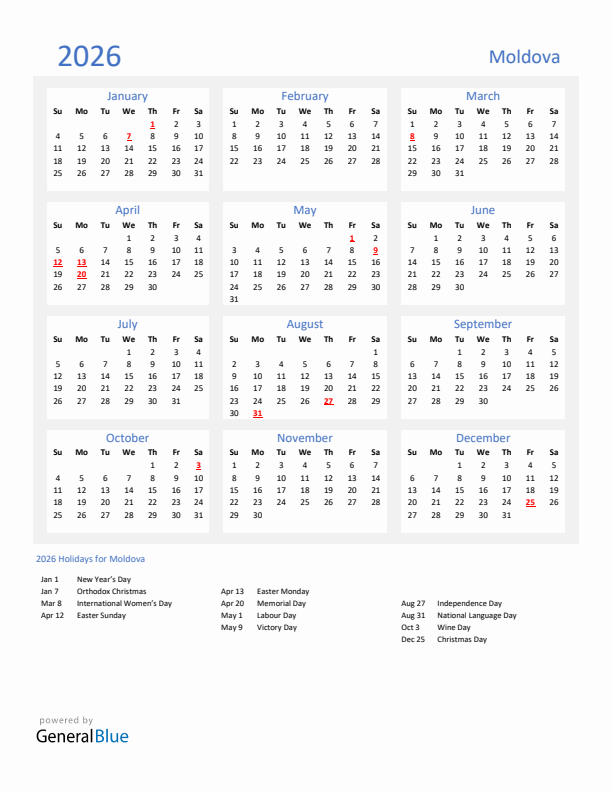 Basic Yearly Calendar with Holidays in Moldova for 2026 