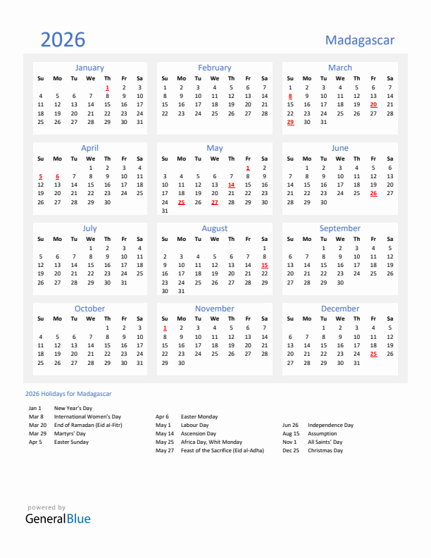 Basic Yearly Calendar with Holidays in Madagascar for 2026 
