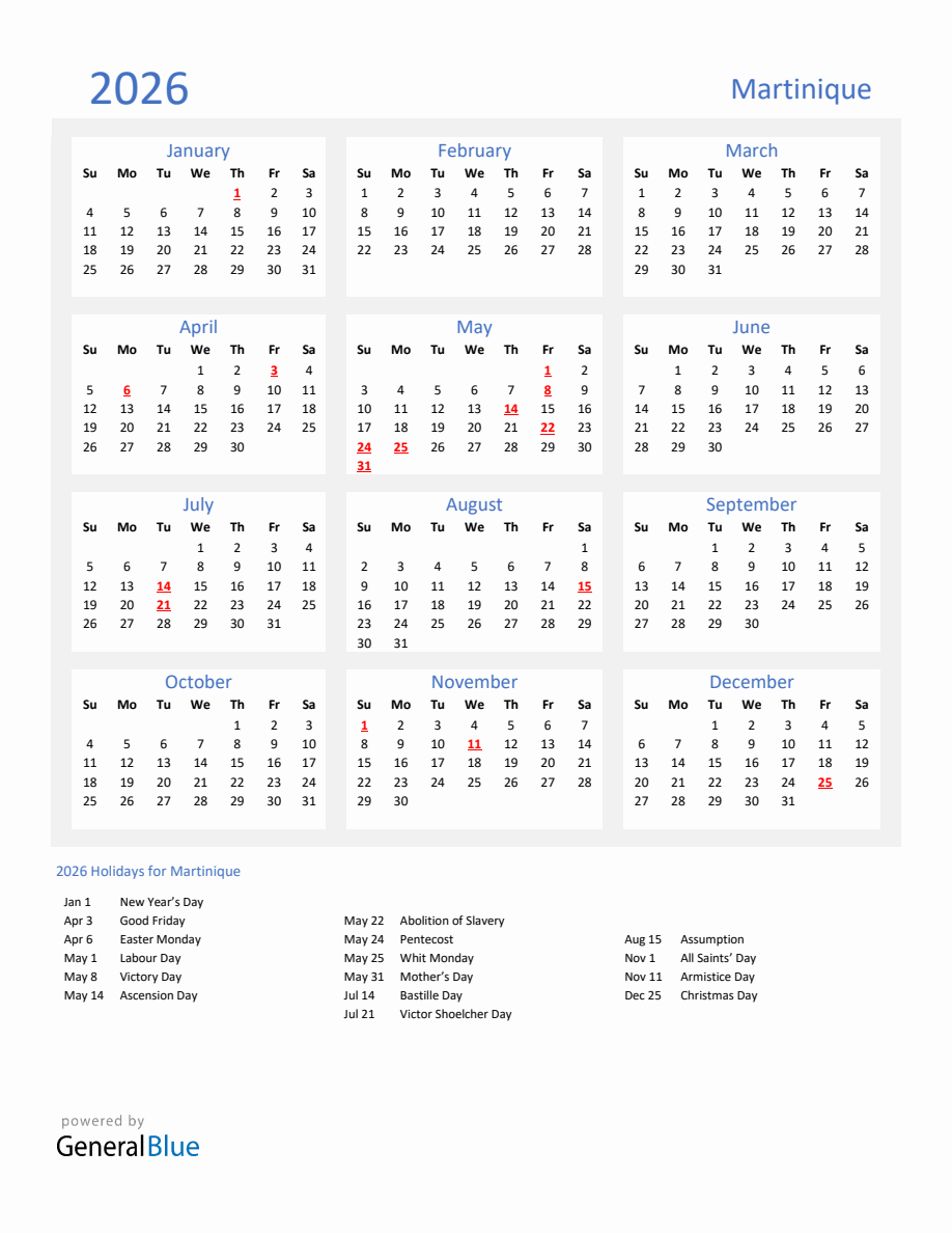 Basic Yearly Calendar With Holidays In Martinique For 2026