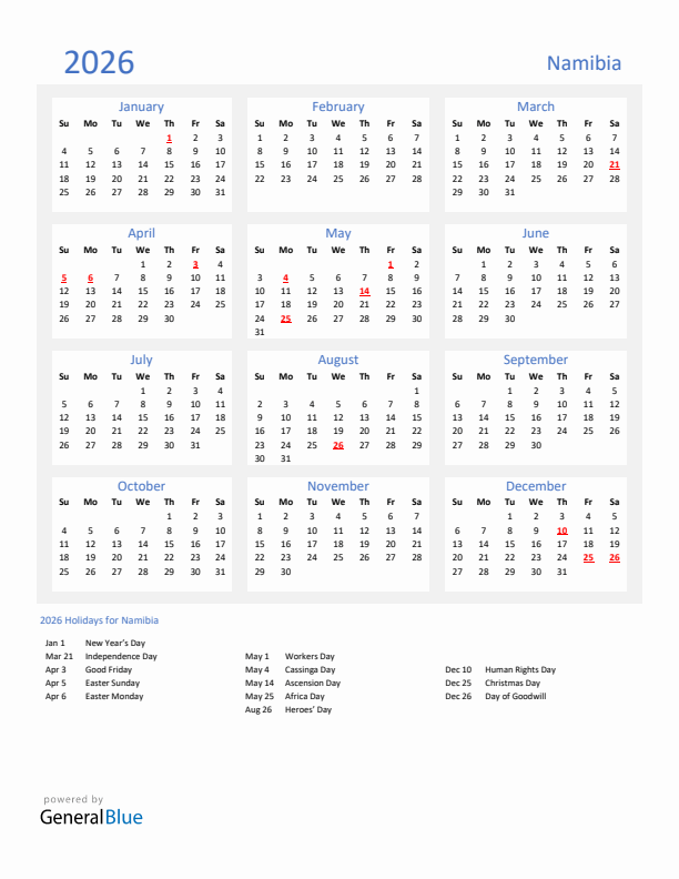Basic Yearly Calendar with Holidays in Namibia for 2026 