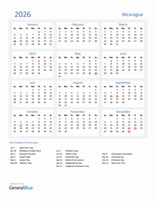 Basic Yearly Calendar with Holidays in Nicaragua for 2026 