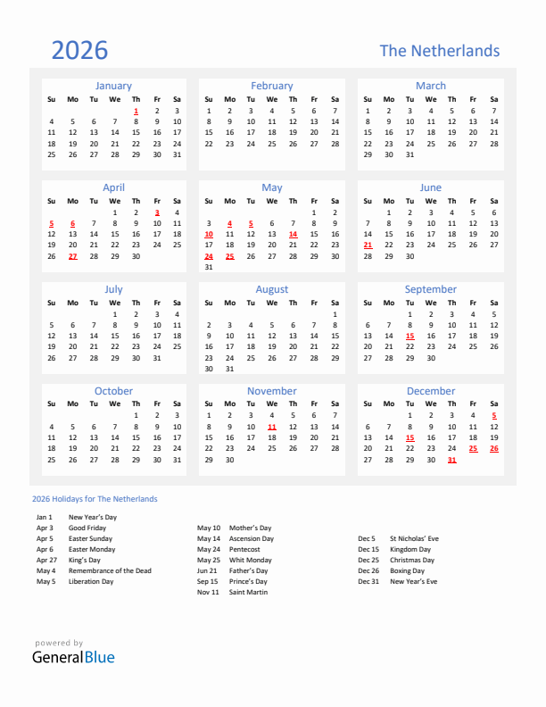 Basic Yearly Calendar with Holidays in The Netherlands for 2026 