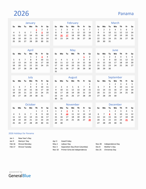 Basic Yearly Calendar with Holidays in Panama for 2026 
