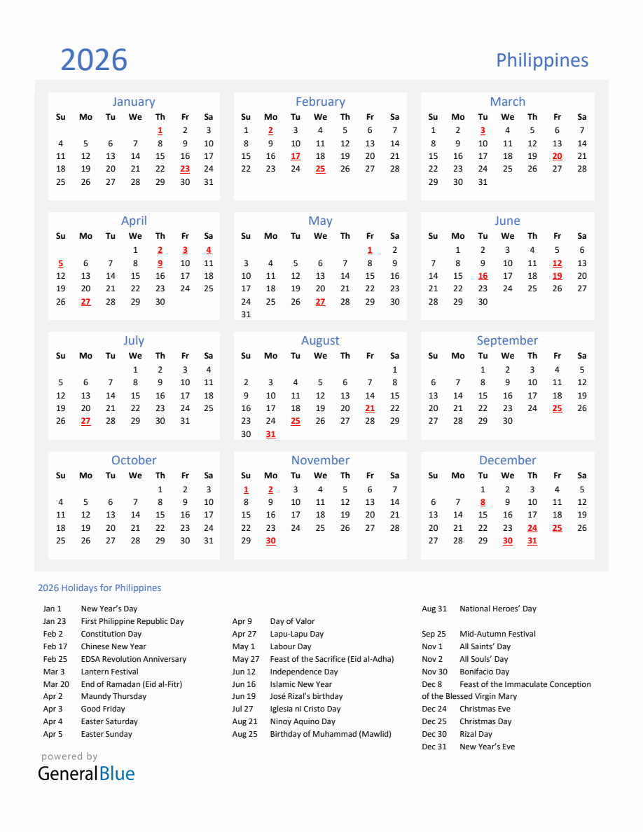 Basic Yearly Calendar with Holidays in Philippines for 2026