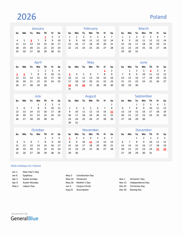 Basic Yearly Calendar with Holidays in Poland for 2026 