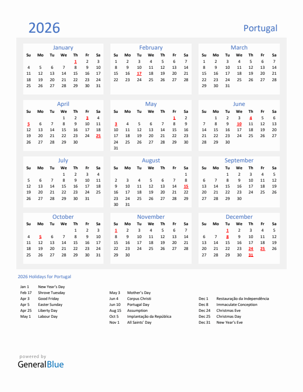 Basic Yearly Calendar with Holidays in Portugal for 2026 