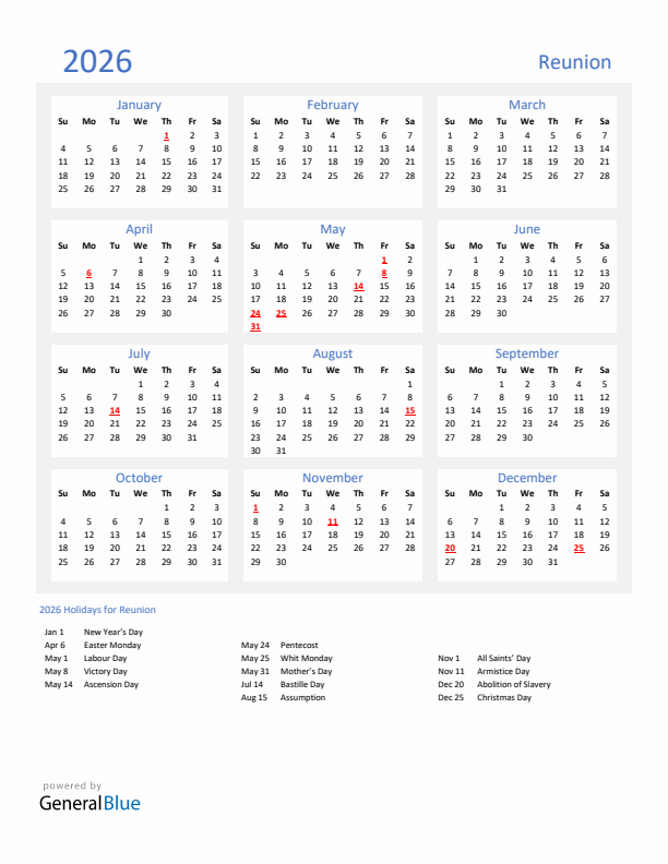 Basic Yearly Calendar with Holidays in Reunion for 2026 