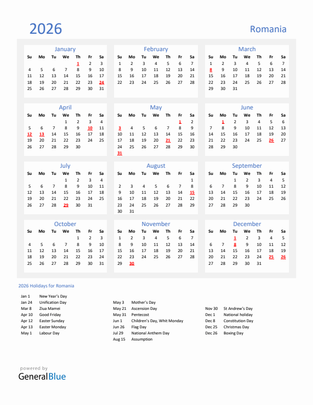 2026 Romania Calendar with Holidays