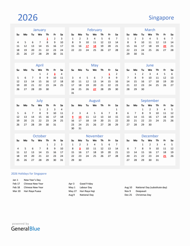 Basic Yearly Calendar with Holidays in Singapore for 2026 
