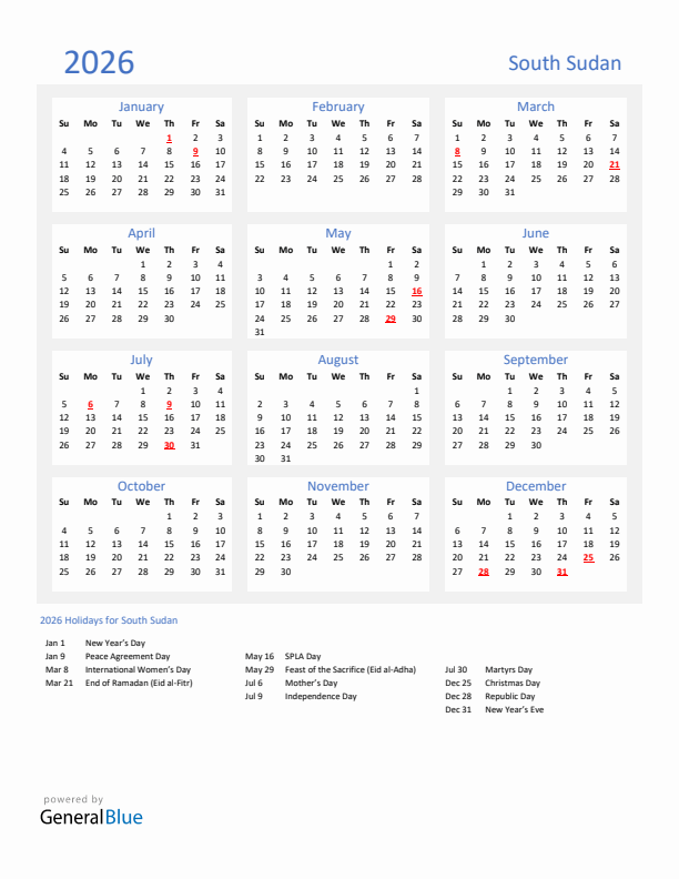 Basic Yearly Calendar with Holidays in South Sudan for 2026 