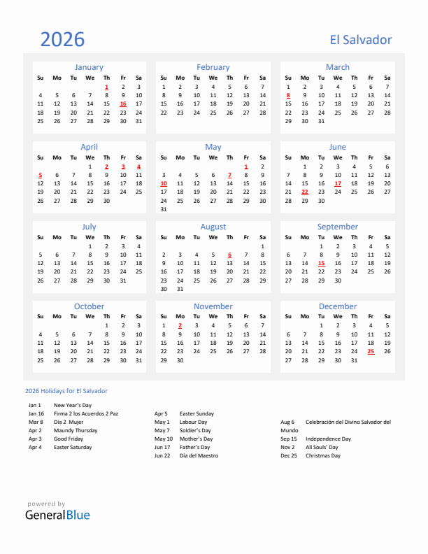 Basic Yearly Calendar with Holidays in El Salvador for 2026 