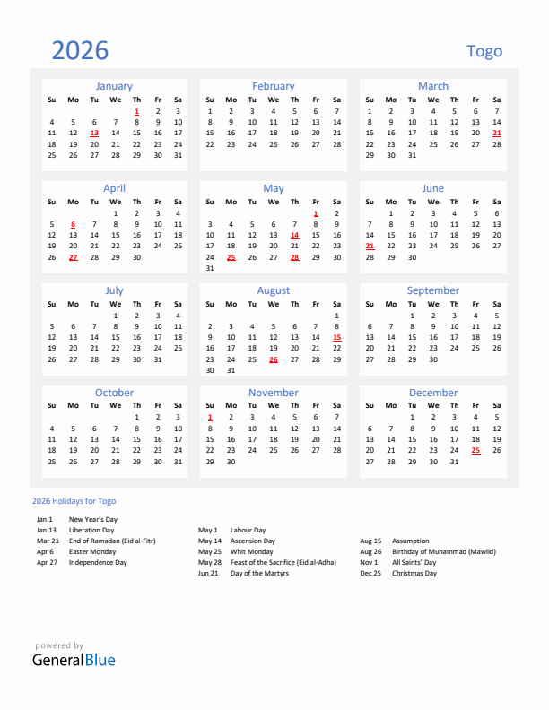 Basic Yearly Calendar with Holidays in Togo for 2026 