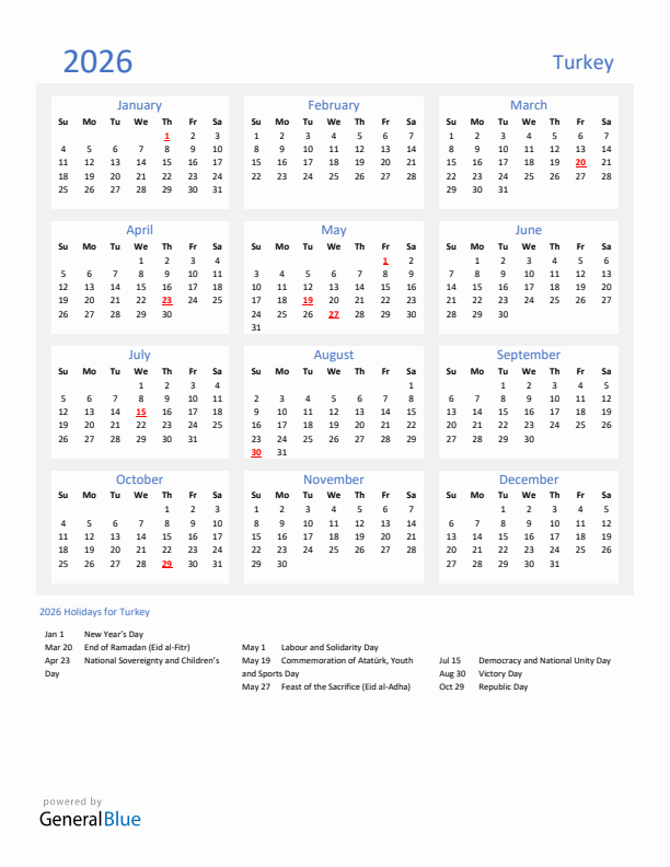 Basic Yearly Calendar with Holidays in Turkey for 2026 