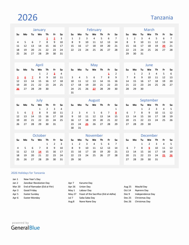 Basic Yearly Calendar with Holidays in Tanzania for 2026 