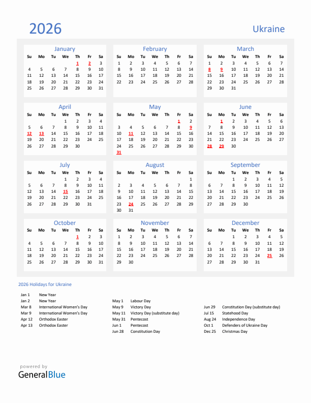 Basic Yearly Calendar with Holidays in Ukraine for 2026 