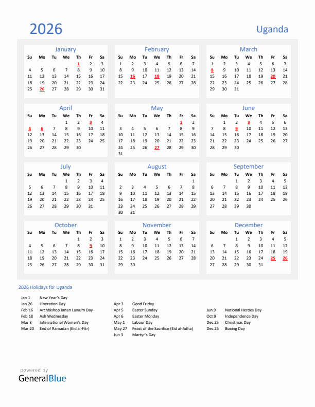 Basic Yearly Calendar with Holidays in Uganda for 2026 
