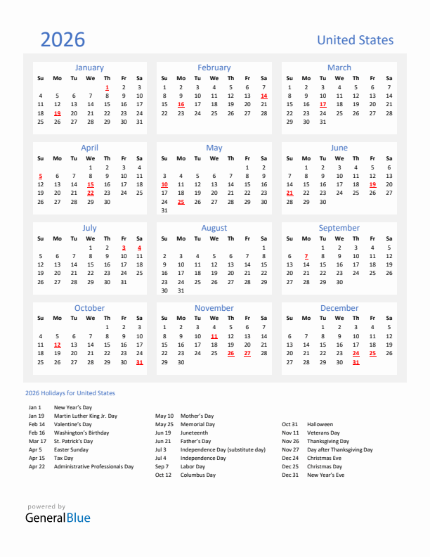 Basic Yearly Calendar with Holidays in United States for 2026 