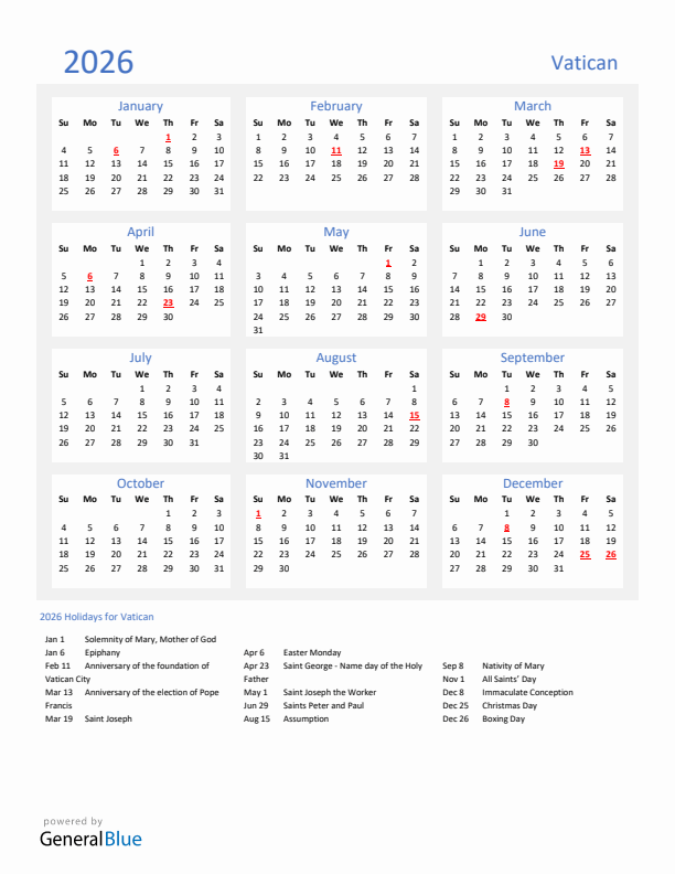 Basic Yearly Calendar with Holidays in Vatican for 2026 