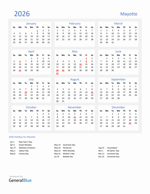 Basic Yearly Calendar with Holidays in Mayotte for 2026 
