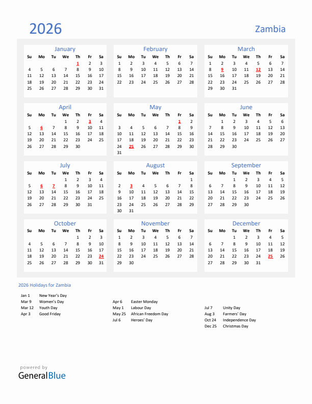 Basic Yearly Calendar with Holidays in Zambia for 2026 