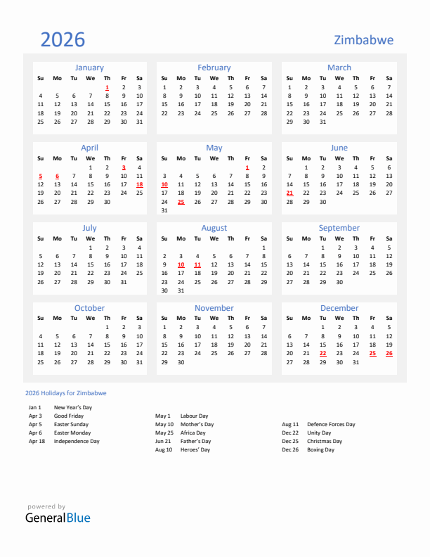 Basic Yearly Calendar with Holidays in Zimbabwe for 2026 