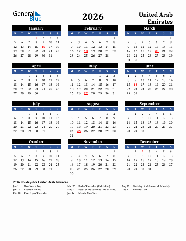 2026 United Arab Emirates Holiday Calendar