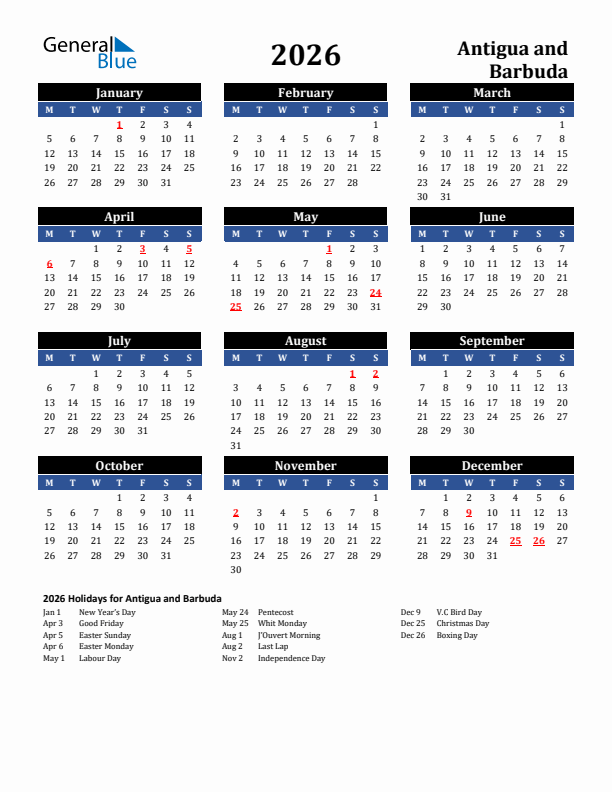 2026 Antigua and Barbuda Holiday Calendar