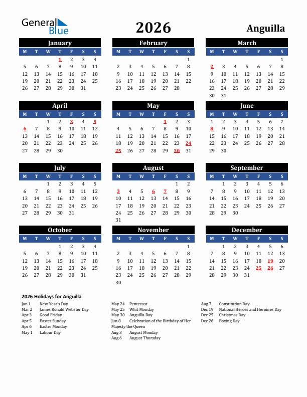 2026 Anguilla Holiday Calendar