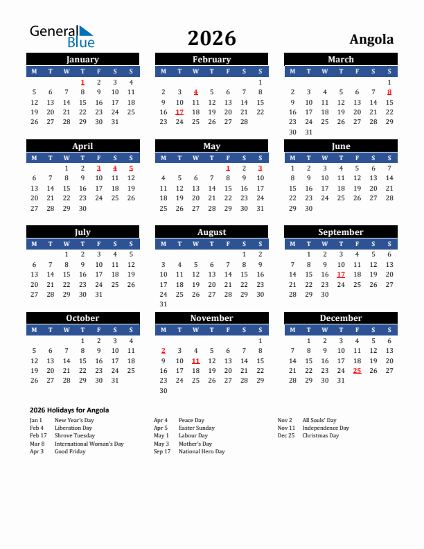 2026 Angola Holiday Calendar