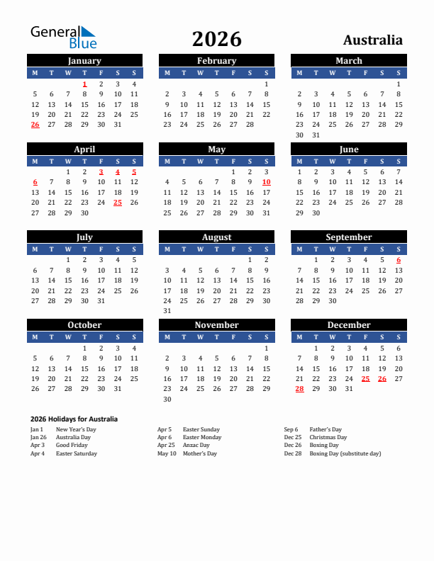 2026 Australia Holiday Calendar