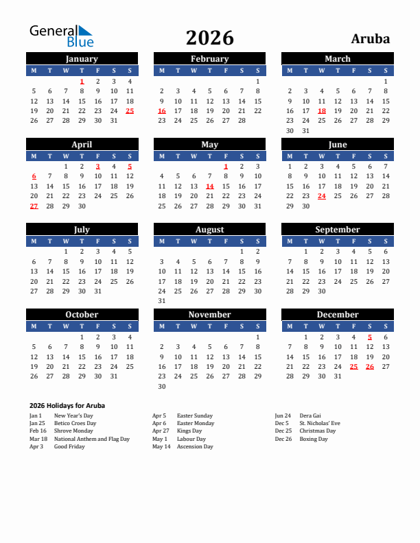 2026 Aruba Holiday Calendar
