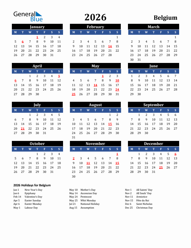 2026 Belgium Holiday Calendar