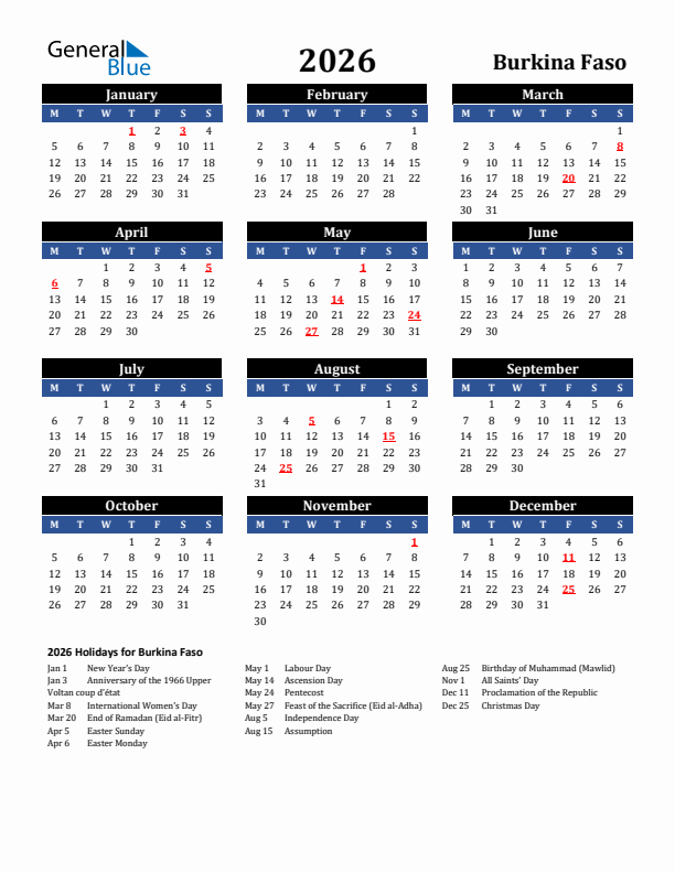 2026 Burkina Faso Holiday Calendar