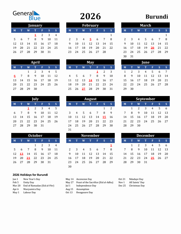 2026 Burundi Holiday Calendar