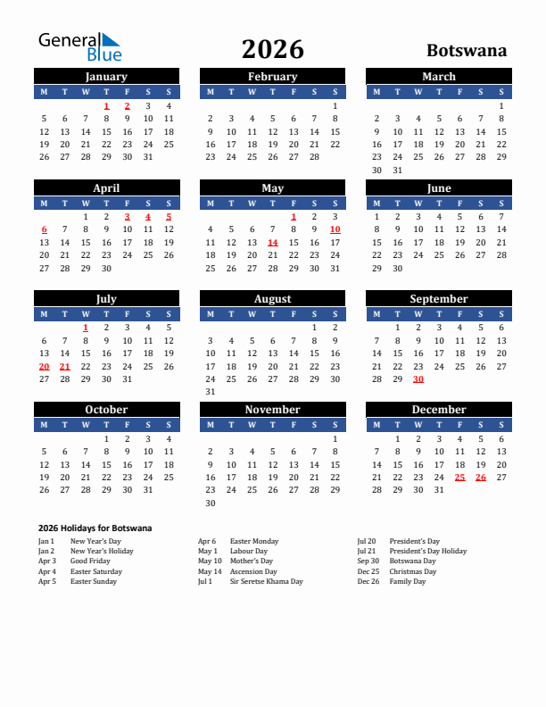 2026 Botswana Holiday Calendar