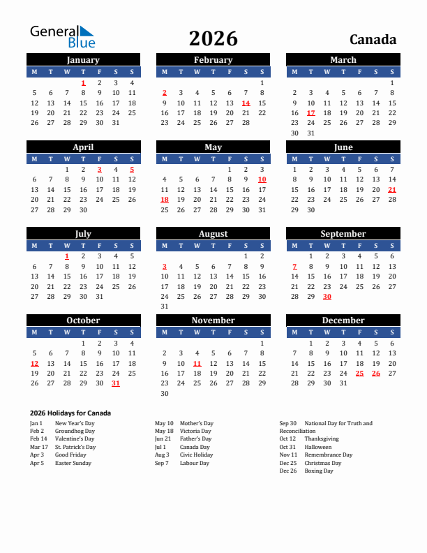 2026 Canada Holiday Calendar