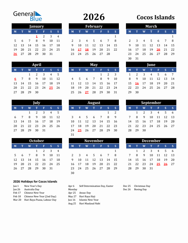 2026 Cocos Islands Holiday Calendar