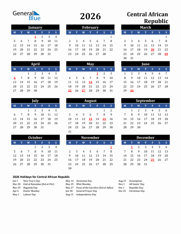 2026 Central African Republic Holiday Calendar