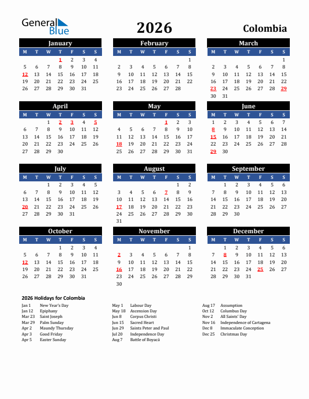 2026 Colombia Holiday Calendar