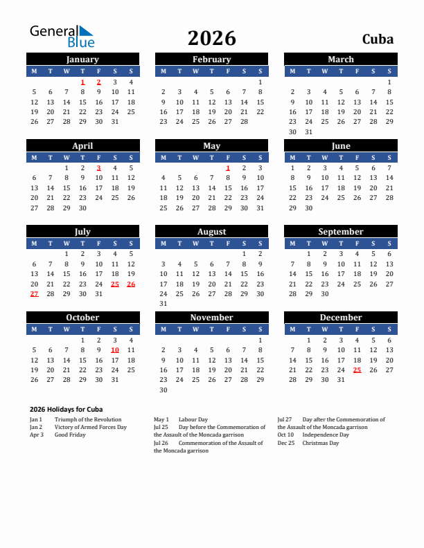 2026 Cuba Holiday Calendar